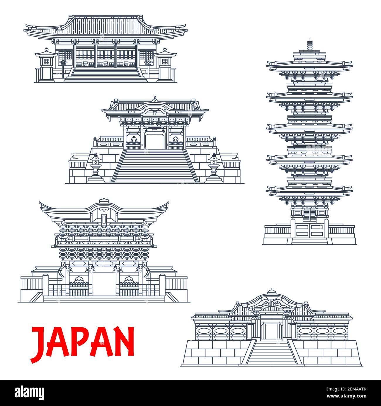 Japanische Reise Wahrzeichen mit Vektor dünne Linie Schreine und Tempel von Nikko. Alte Futarasan- und Toshogu-Schreine, fünfstöckige Pagode, Omotemon, Yome Stock Vektor