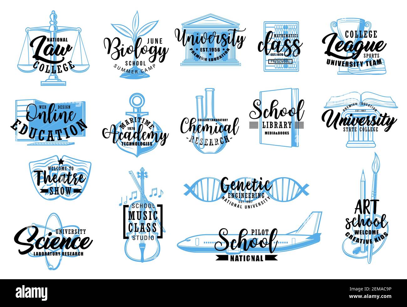 Bildung und Wissenschaft Skizzen Ikonen der Vektor-Schule, Universität, Hochschule, Akademie Briefpapier. Musik, Sport, Kunst und Biologie Klassen, Mathematik, che Stock Vektor