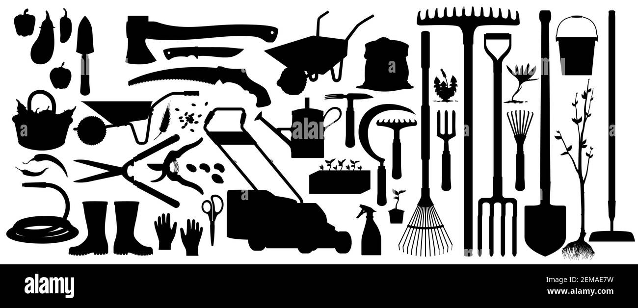 Gartenarbeit und Landwirtschaft Landwirtschaft Werkzeuge, Vektor Silhouette Symbole. Garten und Bauernhof Anbaugeräte Rechen und Schaufel Spaten, Baumschere und gar Stock Vektor