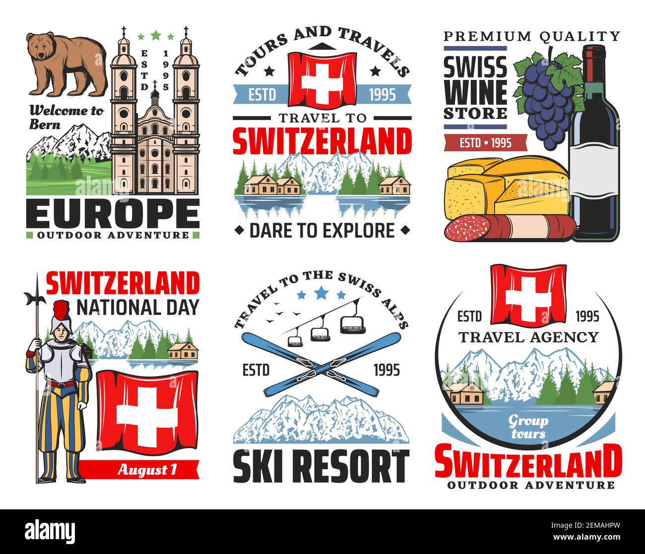 Schweiz Vektor-Ikonen der Schweizer Reisen und Tourismus. Alpen Berge, Ski und Flagge, Käse, Wein und Wurst, tragen Symbol von Bern, Kirche und Alpen Stock Vektor