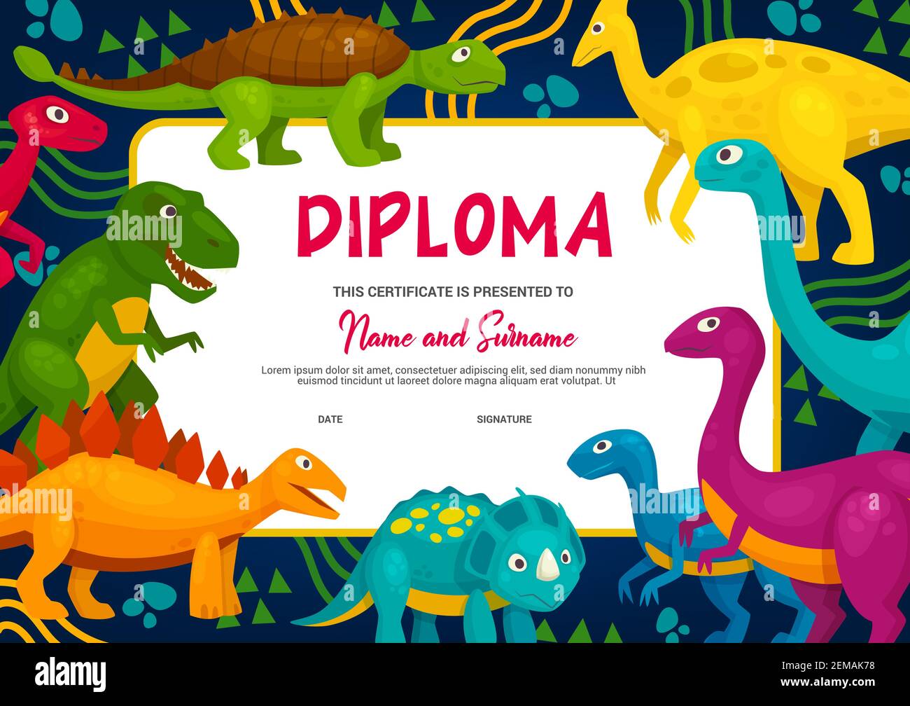 Kinder Diplom mit Cartoon Dinosaurier, Vektor-Vorlage. Schule oder Kindergarten Abschluss, Bildungsleistungszertifikat mit niedlichen Dinosaurier Charact Stock Vektor