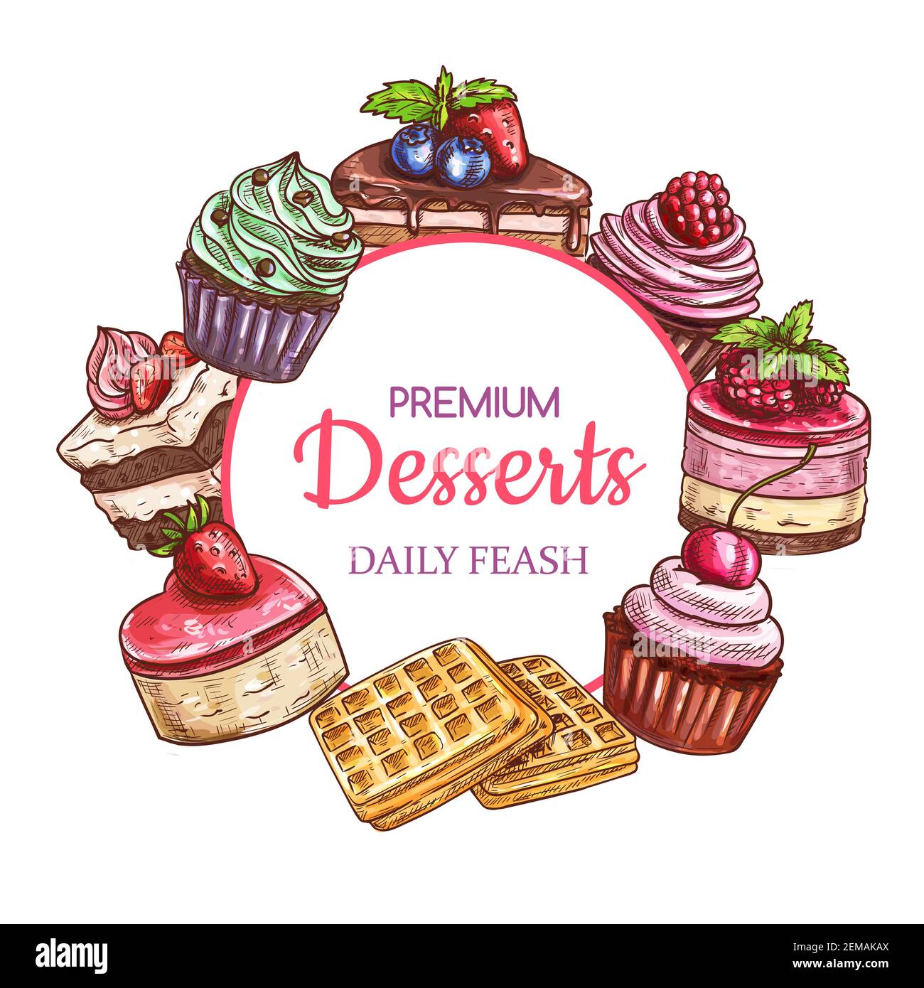 Kuchen, Süßigkeiten und Desserts, Skizzenrahmen, Vektorgebäck und Backwaren. Handgezeichnete Patisserie süße Desserts, Tiramisu und Schokolade Cupcake mit ber Stock Vektor