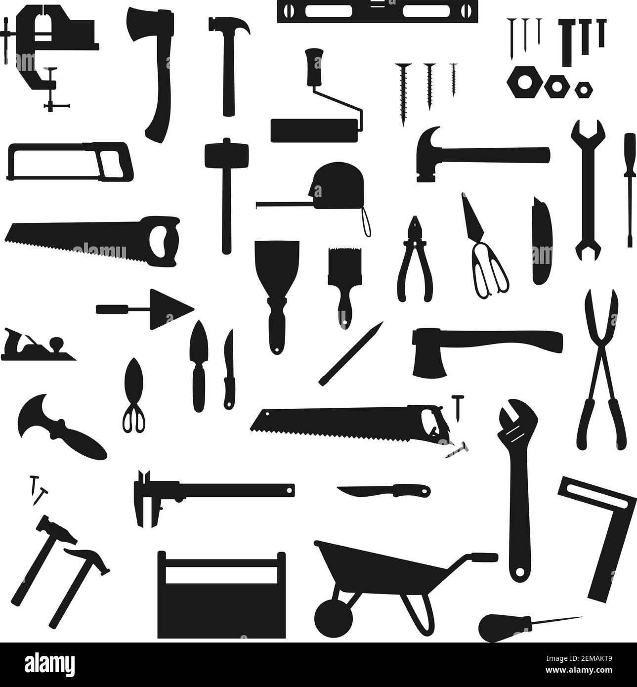 Arbeitswerkzeug, Bau, Hausreparatur und Zimmerei Vektor Silhouetten Symbole. Holzarbeiten und DIY-Bauwerkzeuge, Handwerker Geräte Grinder und Hammer, d Stock Vektor