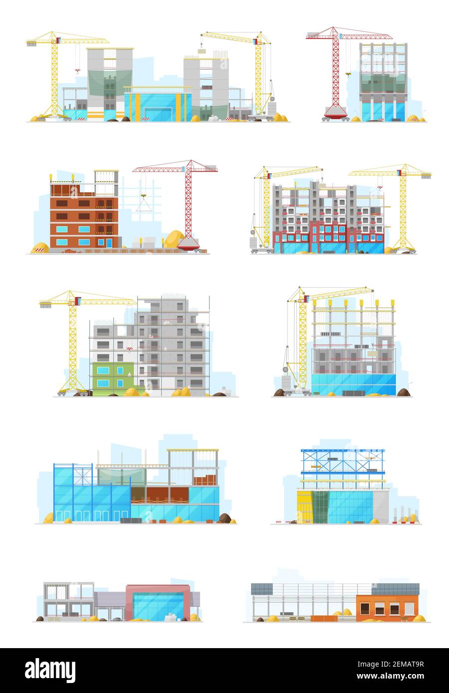 Haus Baustellen, Lager oder Lagergebäude Vektor-Symbole gesetzt. Arbeitskrane setzen einen Steinblock auf die Baufassade mit Baumaterial Stock Vektor