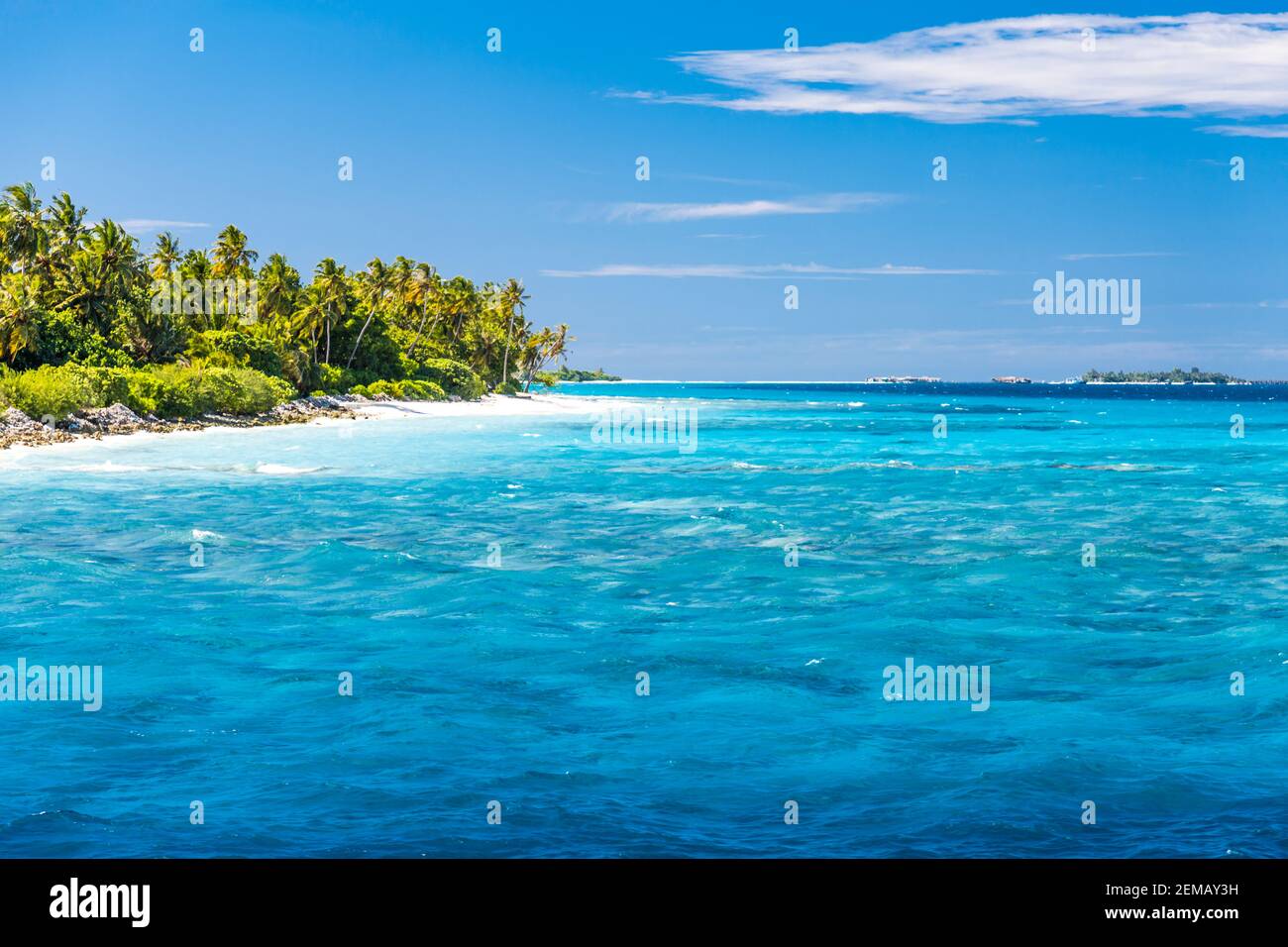 Perfekter tropischer Inselparadiesstrand mit herrlicher Ozeanlagune, Wellen unter blauem Himmel Stockfoto