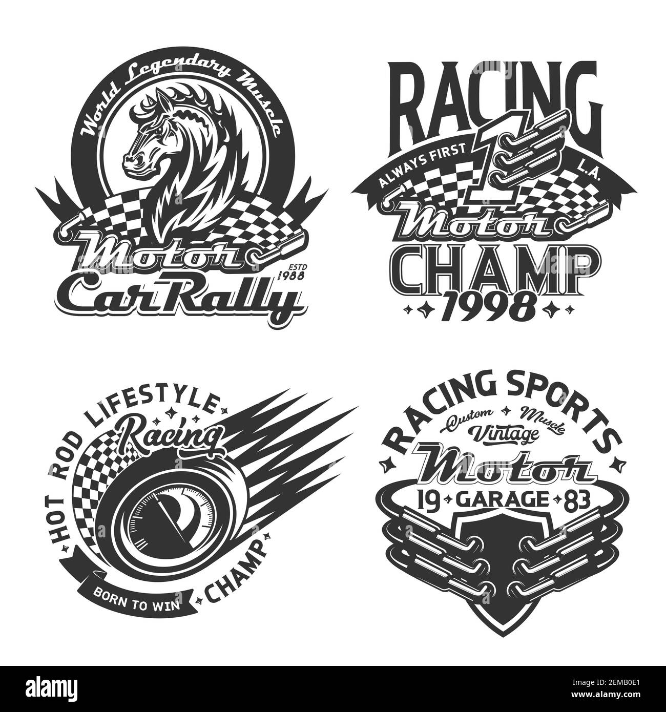 Rennsport und Auto Rallye T-Shirt Print Mockup, Vektor Motorsport  Meisterschaft benutzerdefinierte Kleidung. Start und Ziel Rennflaggen,  wildes Mustang Pferd, rac Stock-Vektorgrafik - Alamy