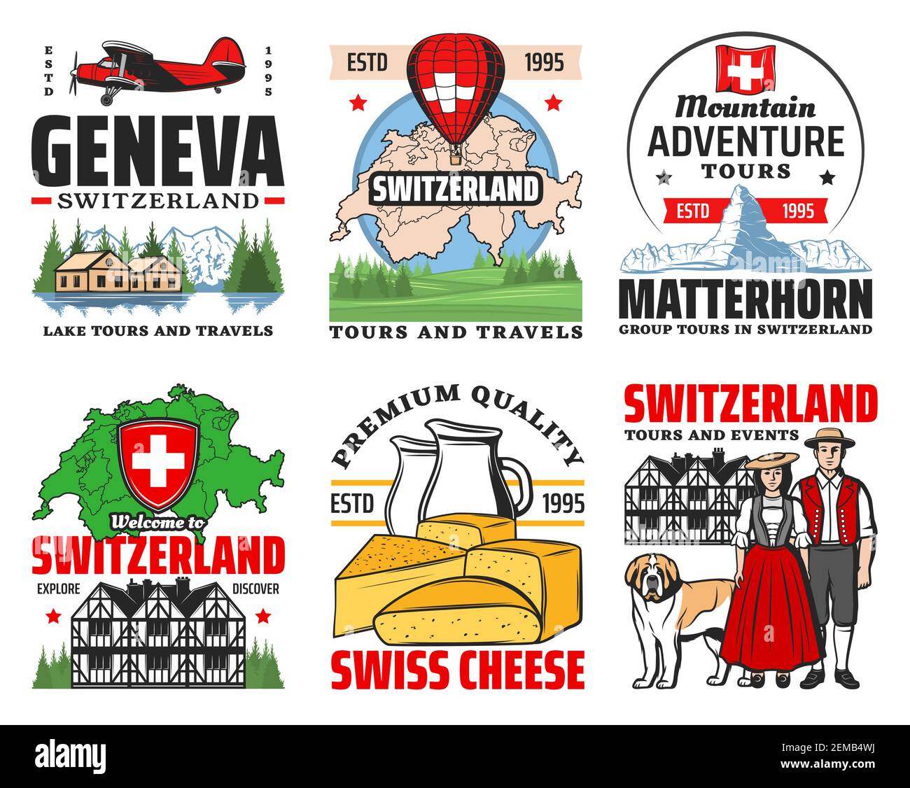 Schweiz Reise zu Schweizer alpen Berge Vektor-Icons. Schweiz Karte, Architektur, Kultur und Essen. Genf und Zürich Landmark Tours, Schweizer Kult Stock Vektor