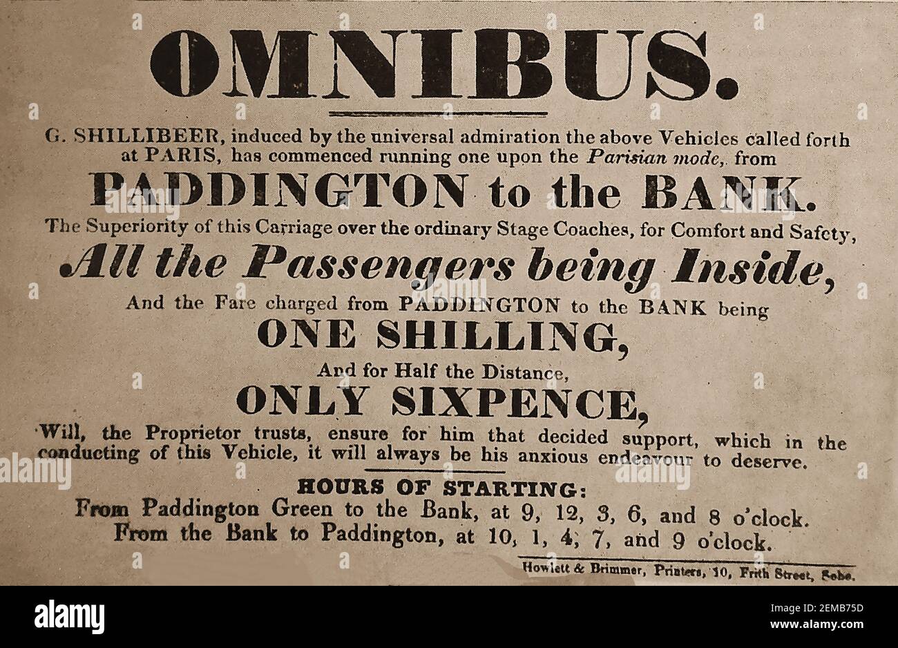 Ein Werbehandzettel für George Shilbeers ersten Londoner Bus (Omnibus), der von Paddington zur thd Thames Bank (einige sagen die Bank of England) fuhr. ---- Shilbeer (1797 – 1866) war ein englischer Kutschenbauer, der sich in Paris entschied, den Omnibus-Dienst dort in seiner Heimat London zu kopieren und in Großbritannien Pionierarbeit für diese Art öffentlicher Verkehrsmittel zu leisten. Stockfoto