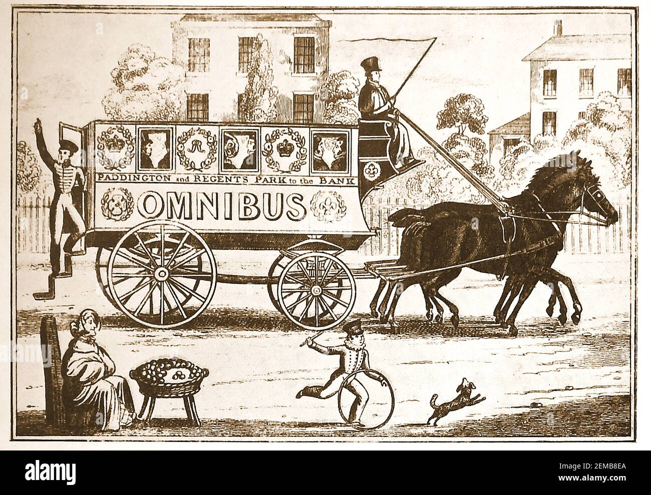 George Shilbeers erster Pferdebus (Omnibus), der von Paddington und Regents Park zur Thames Bank (einige sagen die Bank of England) in London (Großbritannien) fuhr. ---- Shilbeer (1797 – 1866) war ein englischer Kutschenbauer, der in Paris beschloss, den Omnibus-Dienst zu kopieren, den er dort in seiner Heimat London gesehen hatte, und dann in Großbritannien Vorreiter dieser Art öffentlicher Verkehrsmittel war. Stockfoto