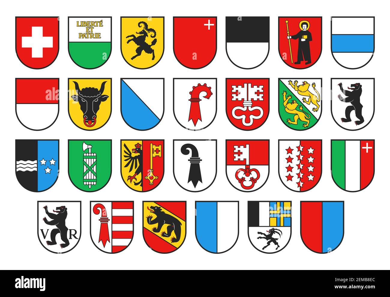 Wappen der Schweiz und Schweizer Kantone, Vektorheraldik. Wappen mit Wappen von Zürich, Bern, Luzern und Genf, Uri, Schwyz, Obwald Stock Vektor