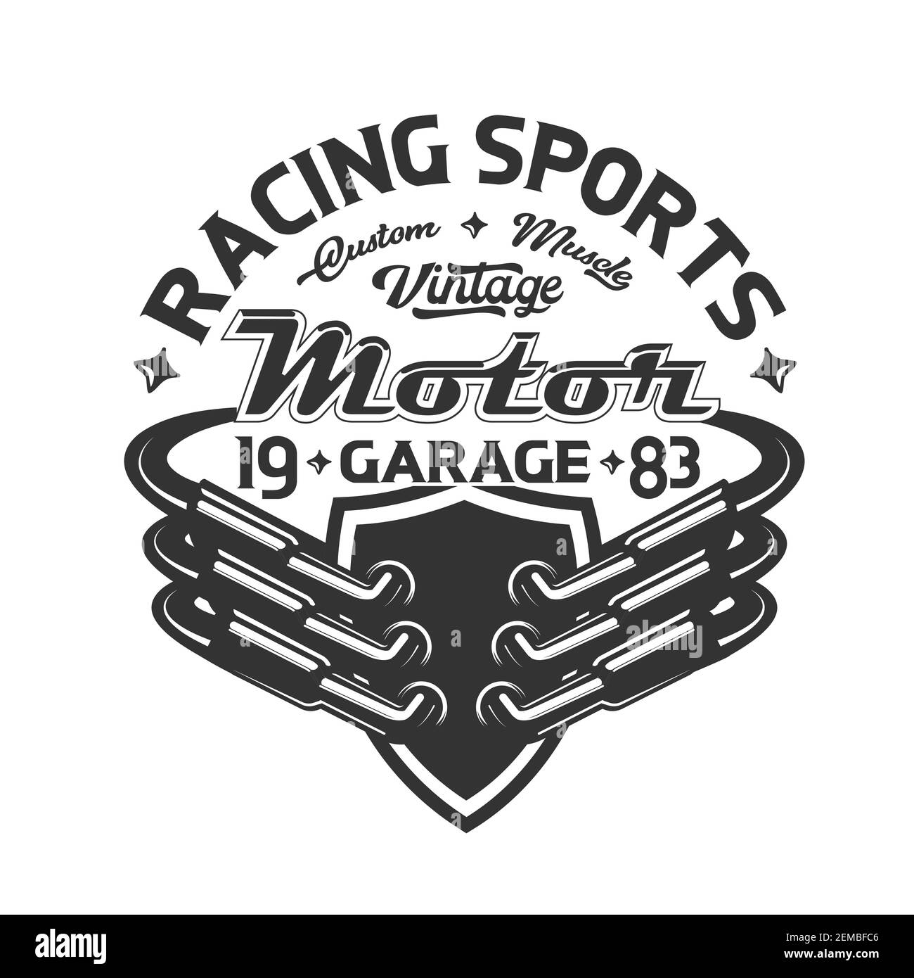 Rennwagen Auspuffrohre auf Schild Vektor T-Shirt-Print. Autorennen und Motorsport Mode-Design von vintage Mechaniker Garagenbekleidung, Motorsport-Team U Stock Vektor