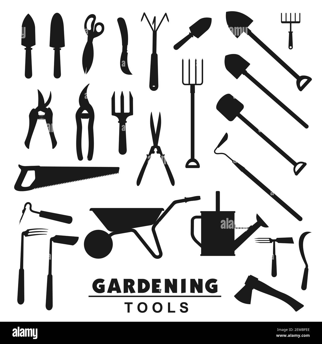 Garten und Landwirtschaft Werkzeuge Silhouette Icons, Rechen und Gabel