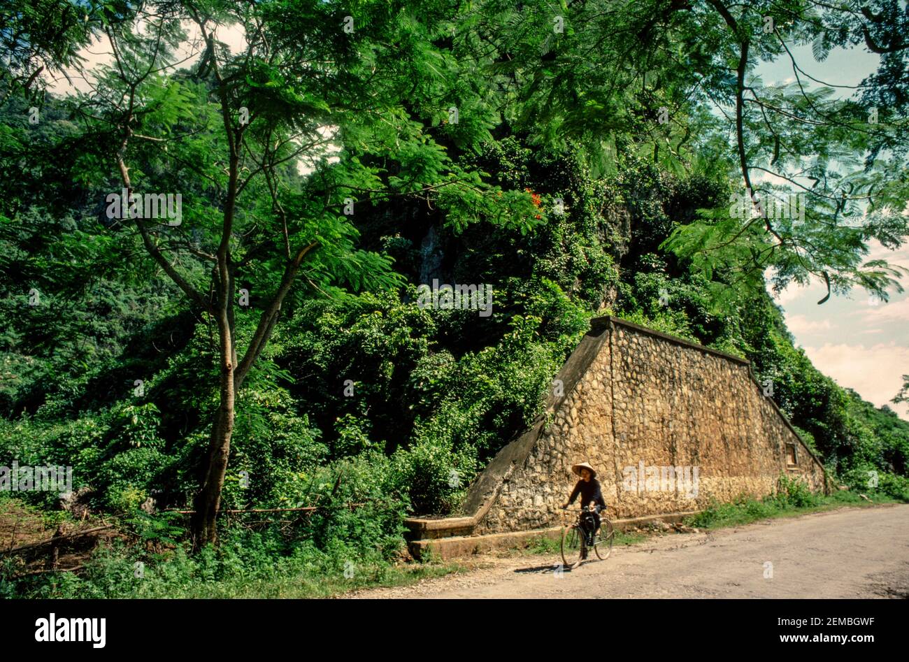 Eine Frau fährt auf einer Landstraße, Nordvietnam, 1980 Stockfoto