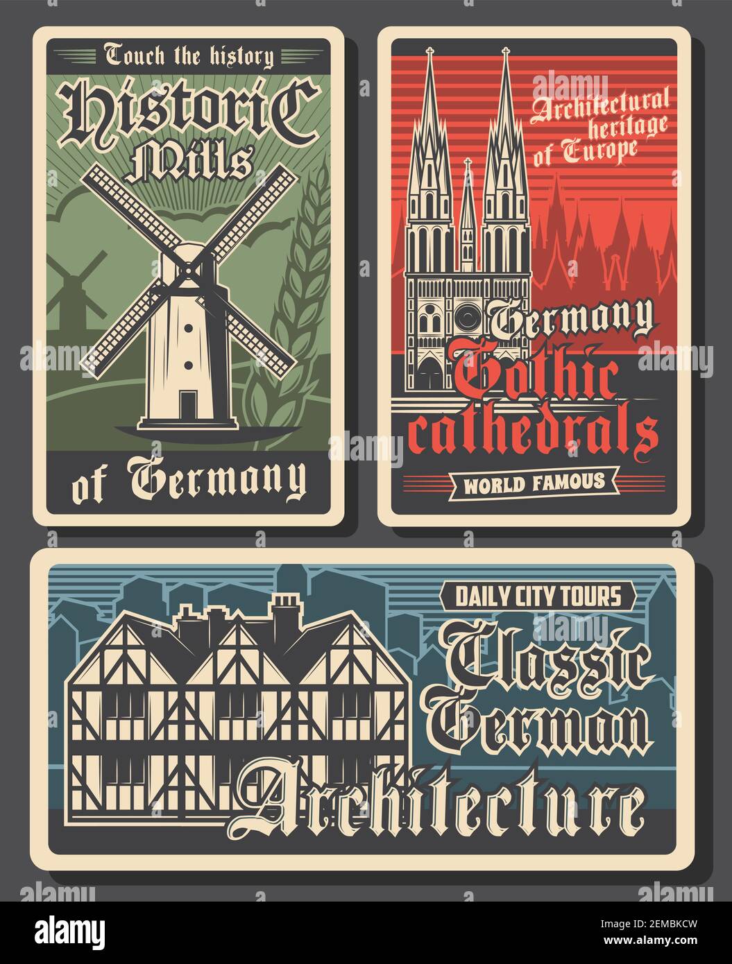 Deutschland Reisen Retro-Plakate, deutsche Wahrzeichen und Berliner Stadtbauten, Kultur und Tourismus, Vektor. Deutsche gotische Architektur, Burgen, Kathedralen Stock Vektor