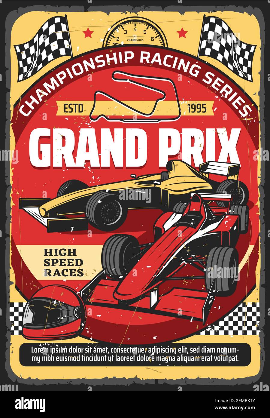 Autorennen Retro Poster, vintage Auto Rallye Sport Meisterschaft und Grand Prix Turnier, Vektor. Retro Sportwagen Speedway Rennturnier, Rennwagen s Stock Vektor