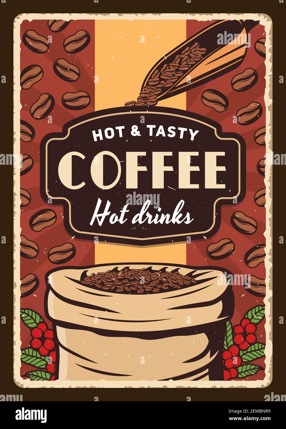 Kaffeebohnen Beutel und Messlöffel. Vektor Grunge Poster von Café oder Café-Design. Sackleinen mit gerösteten Kaffeebohnen, Zweigen von frischen Beeren und l Stock Vektor