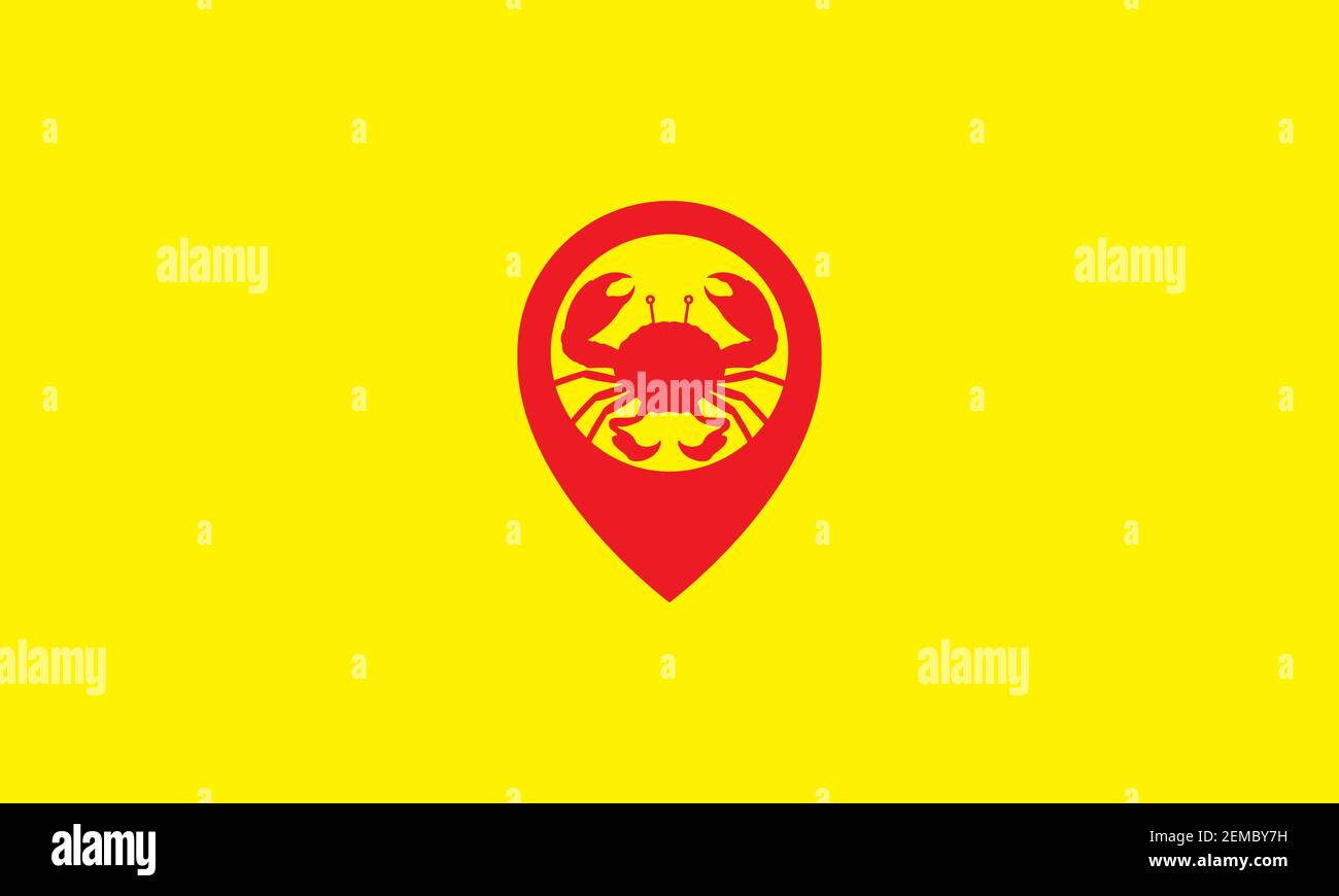 Meeresfrüchtekrabbe mit Pin-Karte Lage Logo Design Vektor-Symbol Symboldarstellung Stock Vektor