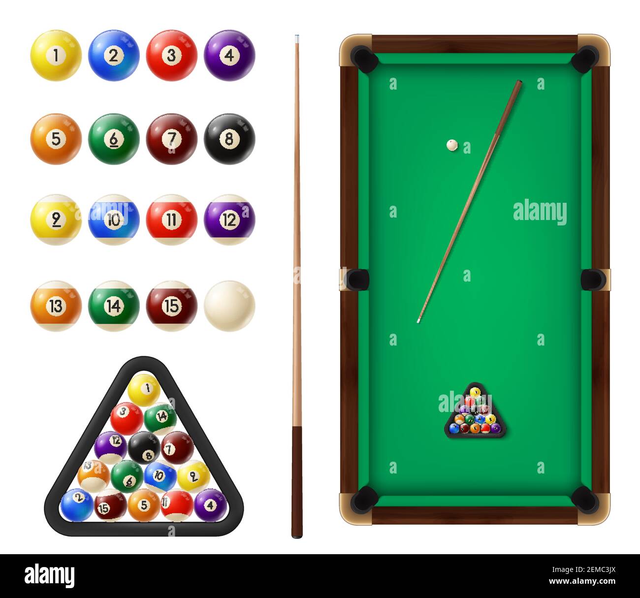 Billardkugeln und Tisch. Billard, Snooker-Club-Ausrüstung. Billard Queues, farbige Kugeln mit Ziffern in Reihe und in dreieckigen Rack, bedeckt grün c Stock Vektor