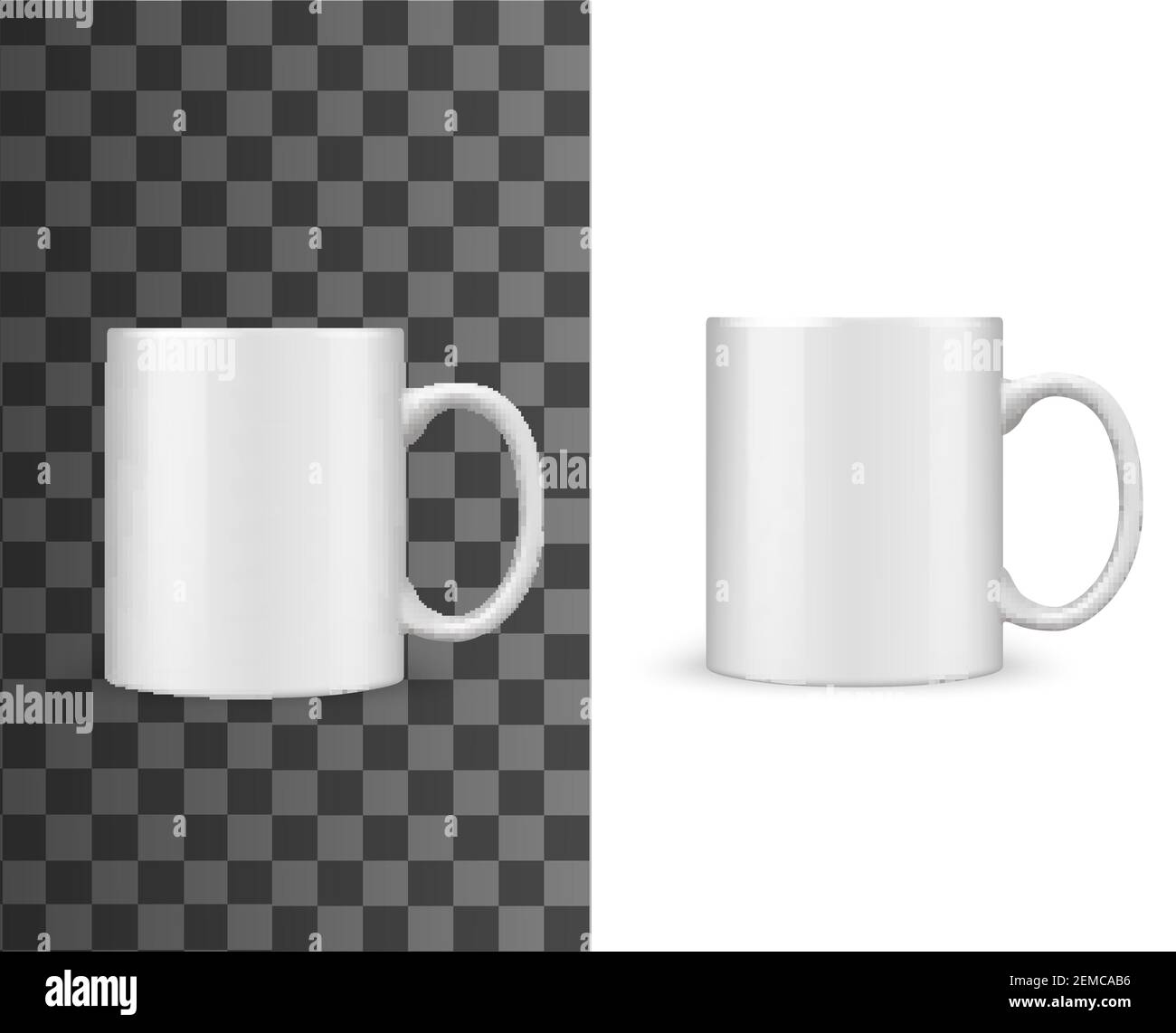 Teetasse oder Tasse Mockup, weiß blank Vektor isoliert 3D realistische Objekt. Teetasse oder Kaffeetasse aus weißem Porzellan oder Keramik mit Griff, Getränk und bev Stock Vektor