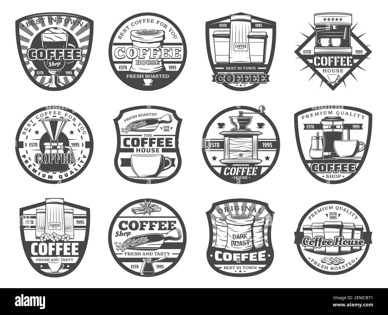 Coffee Brewing Shop, Cafeteria isoliert Vektor-Symbole. Morgengetränk in turk, Latte oder Americano, Kaffeemühle Mühle. Schleifmaschine und Topf, Bohnen Stock Vektor