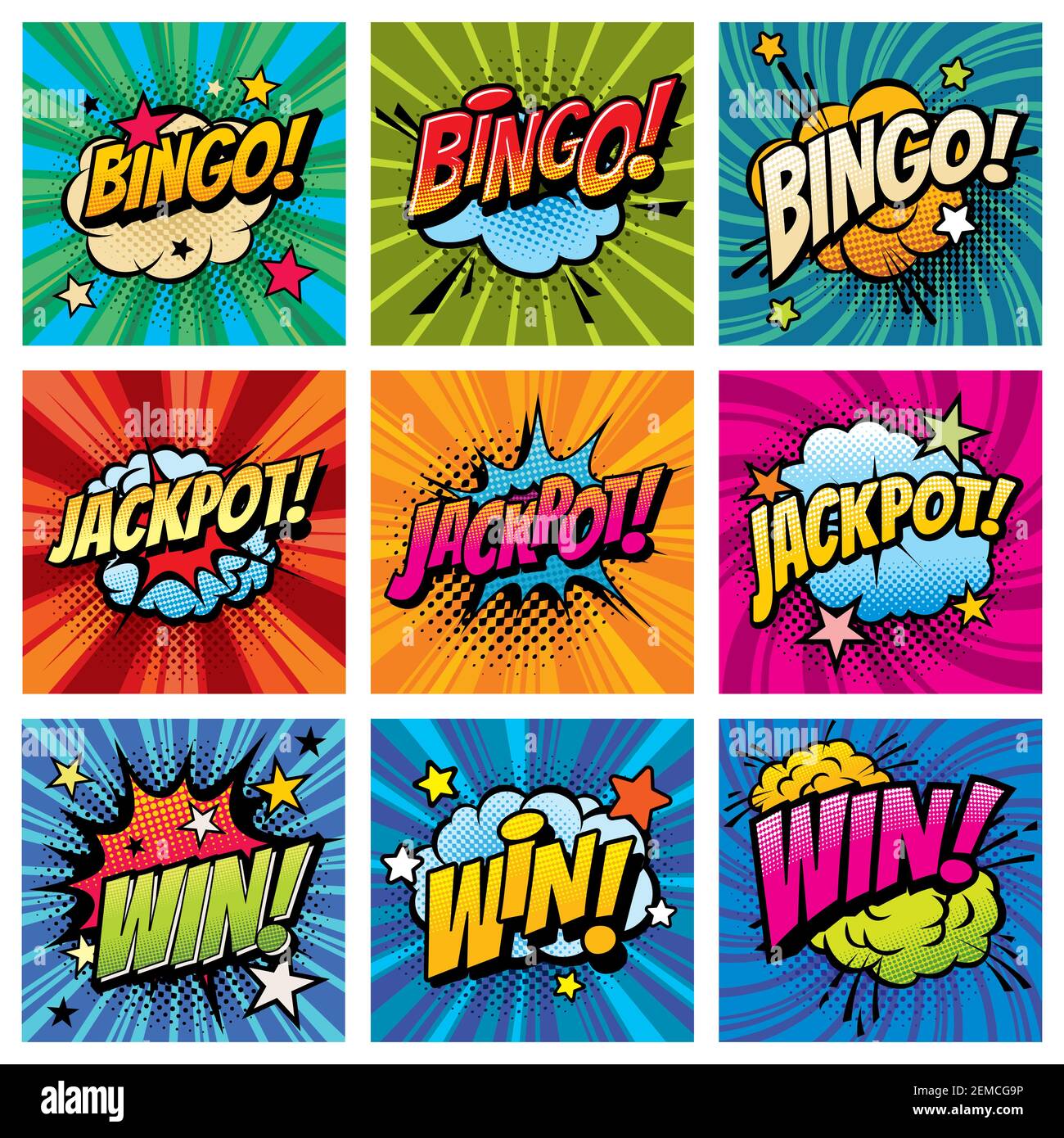 Bingo und gewinnen Comic Blasen Vektor-Set. Happy whoop nach Jackpot,  Glücksspiel gewinnen oder erreichen Erfolg. Wolkenexplosion mit Sternen und  Pop Art t Stock-Vektorgrafik - Alamy
