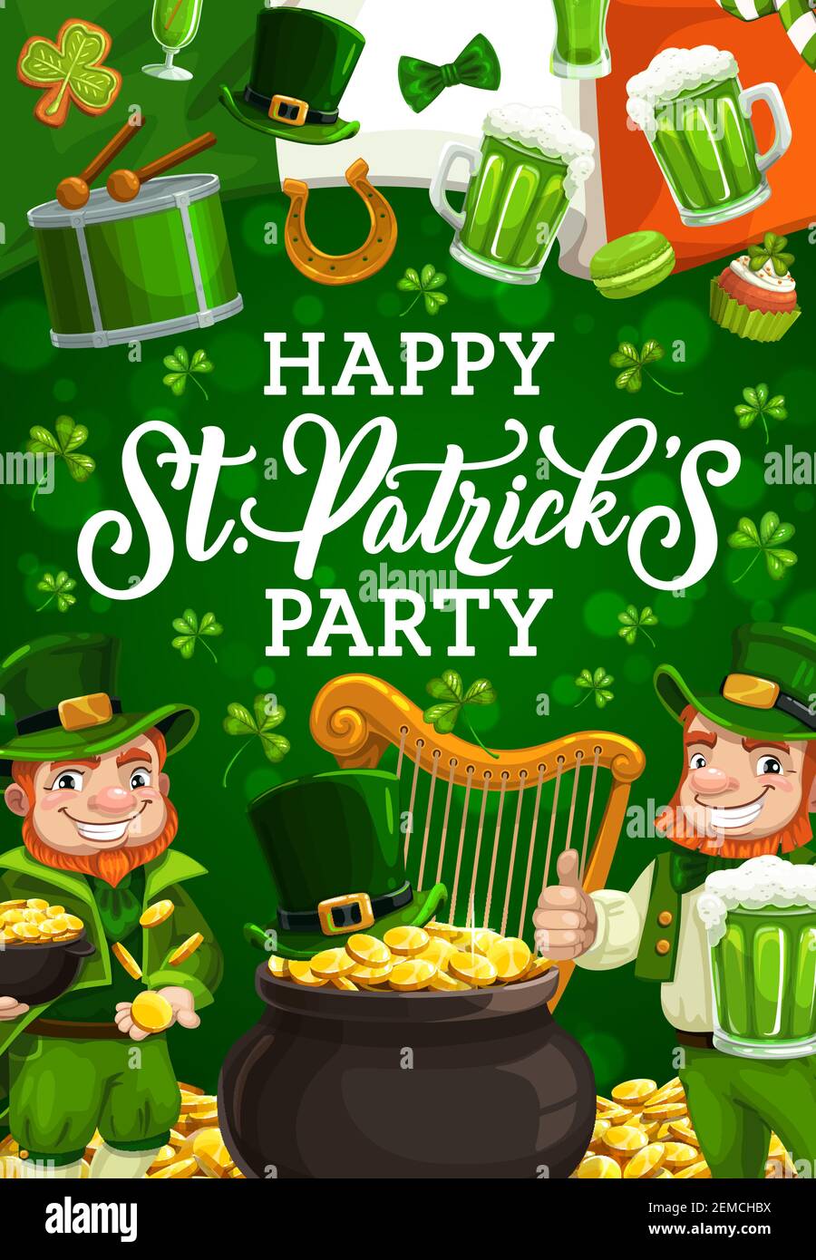 Happy St. Patricks Tag lächelnde Leprechaunen in grünen Anzügen. Vector bärtige Gnome, wohlhabende Zwerge trinken Bier und feiern irischen Feiertag. Trommel und Stock Vektor