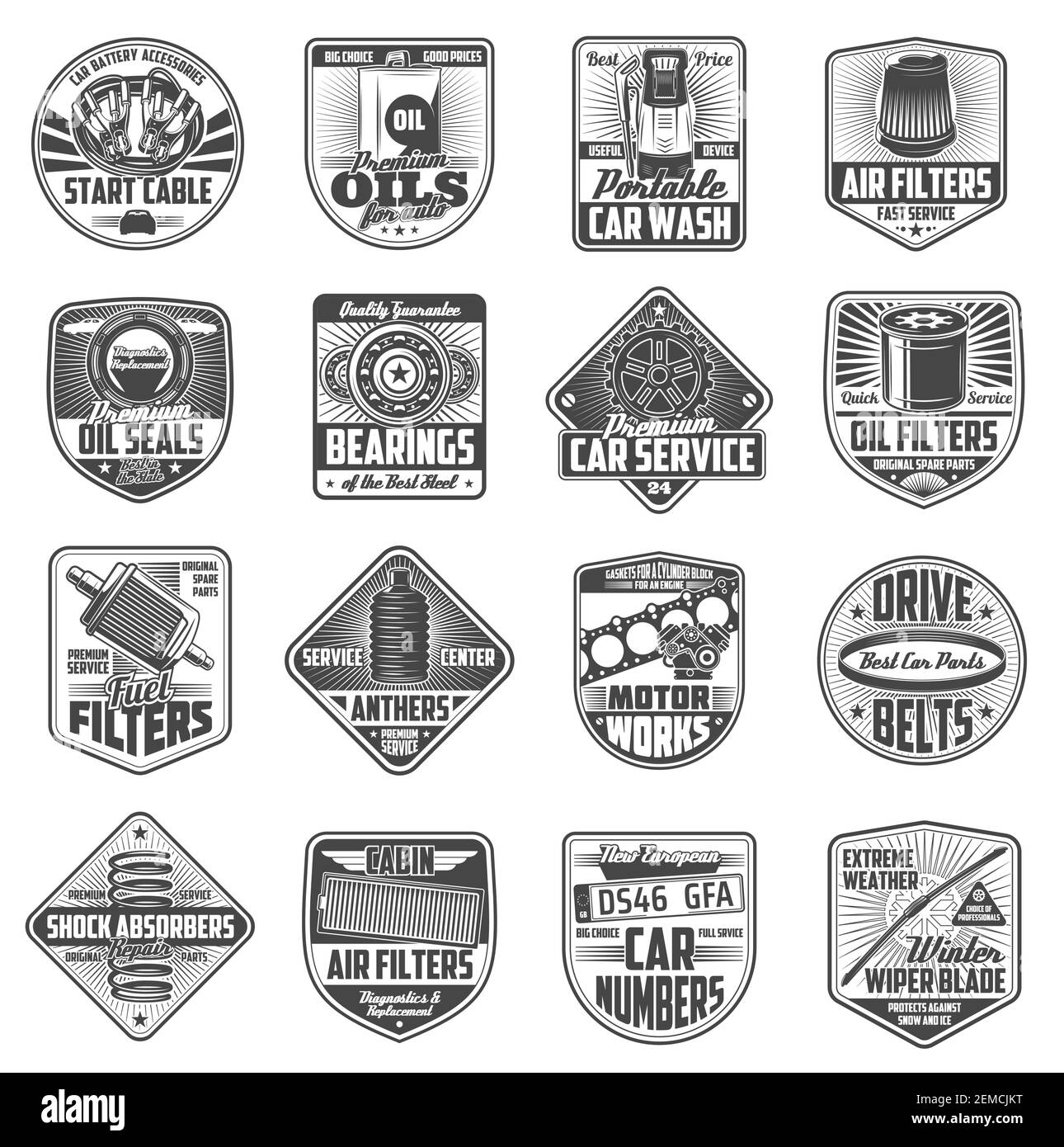 Car Service Retro-Symbole mit Reparatur-Ersatzteile. Fahrzeugmotor, Motoröl und Stoßdämpfer, Öl-, Kraftstoff- und Luftfilter, mechanisches Getriebe, Lager und Stock Vektor