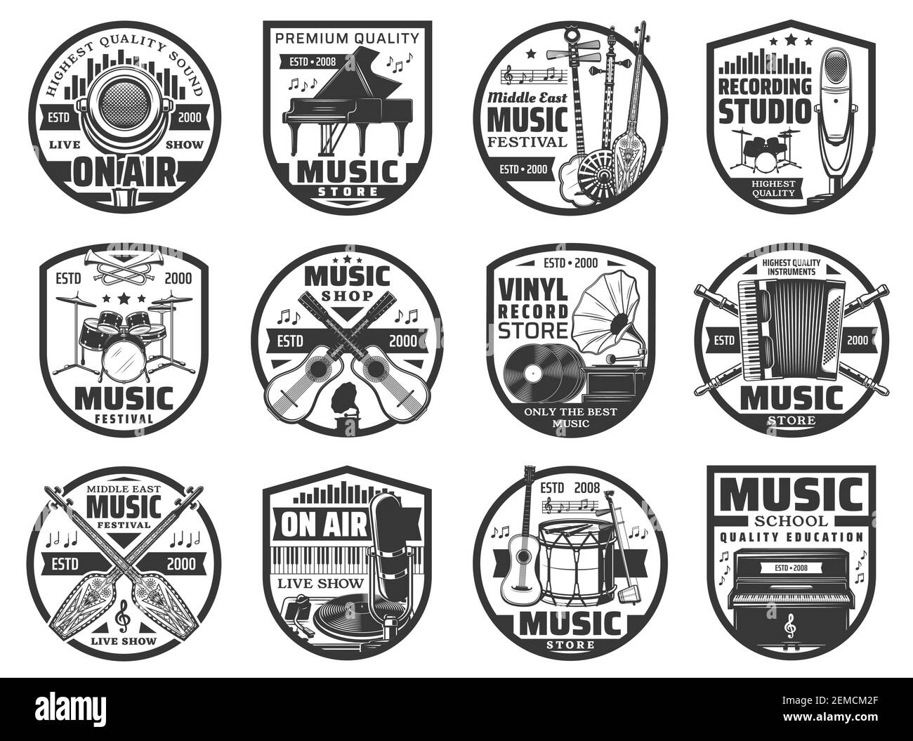 Musikinstrumente und Schallplatten Ikonen, Musik Vinyl-Shop und Studio-Vektor-Labels. Musikinstrumente Shop, Radio-Mikrofon, Musikschule Stock Vektor