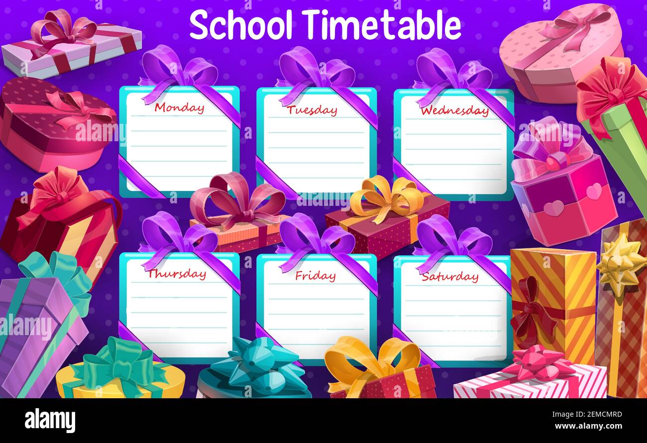 Schulplan mit Geschenkboxen und Bändern Vektor-Vorlage. Zeitplan mit Lektionen Wochenplan, Zeitplan mit verschiedenen Form geschenkboxen, verpackt Prese Stock Vektor