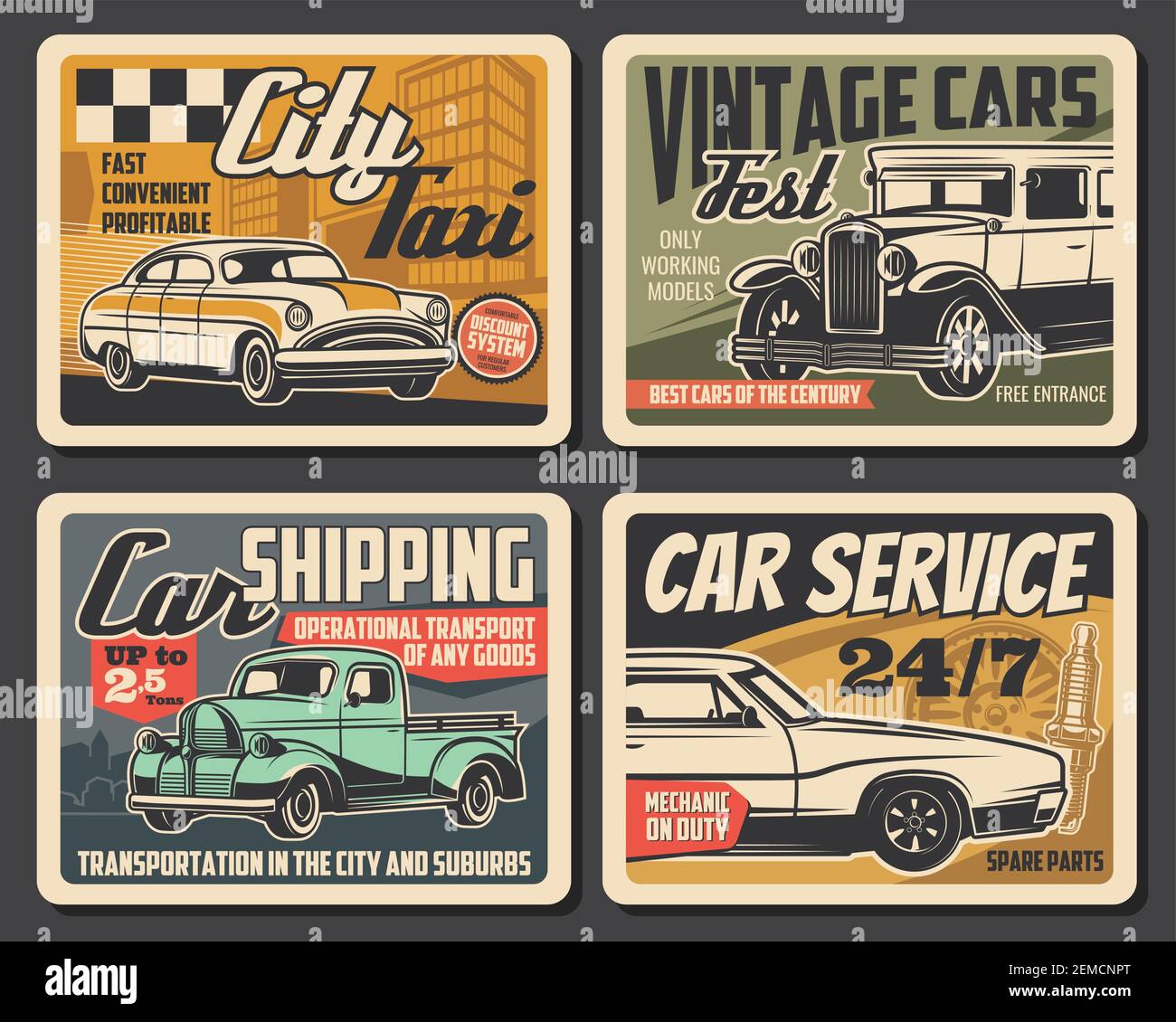 Autoservice, Mechaniker Wartung, City Taxi und Oldtimer fest Retro-Plakate. Vector Auto Service-Platten, alte Fahrzeuge Museum zeigen, operative tran Stock Vektor