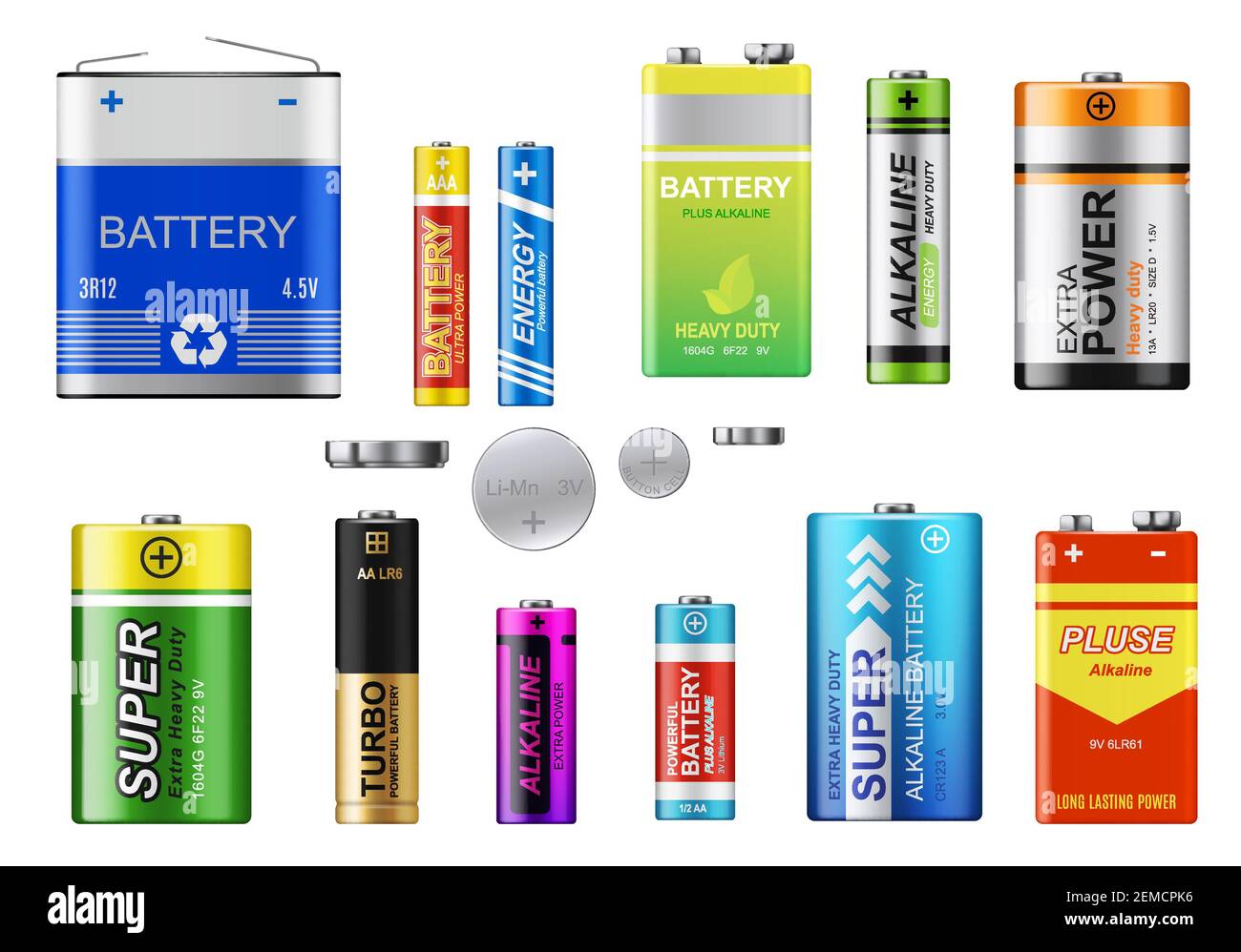 Batterien, Akkumulatoren und Knopfzellen Vektorset. Realistische  Primärbatterien verschiedener Typen. 3D Alkali-Zylinder, Akkumulator und  Knopfzellen Stock-Vektorgrafik - Alamy