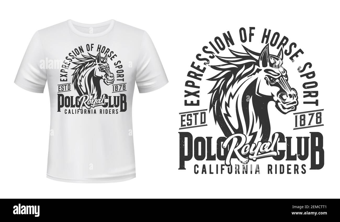Hengst T-Shirt, Reitsport Print Mockup, Pferderennen Club. Wildpferd Hengst oder Mustang, Reiten und Pferderennen California Riders Roy Stock Vektor