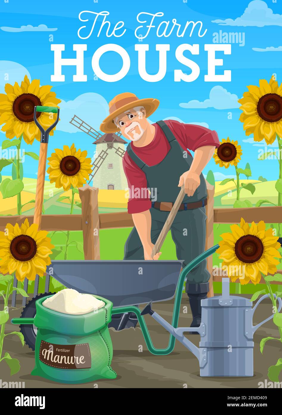 Landwirt befruchten Boden, Landwirtschaft funktioniert. Vector Arbeiter  Graben Boden dngen mit Dnger Garten mit Sonnenblumen. Ernte,  landwirtschaftliche Sorten Stock-Vektorgrafik - Alamy