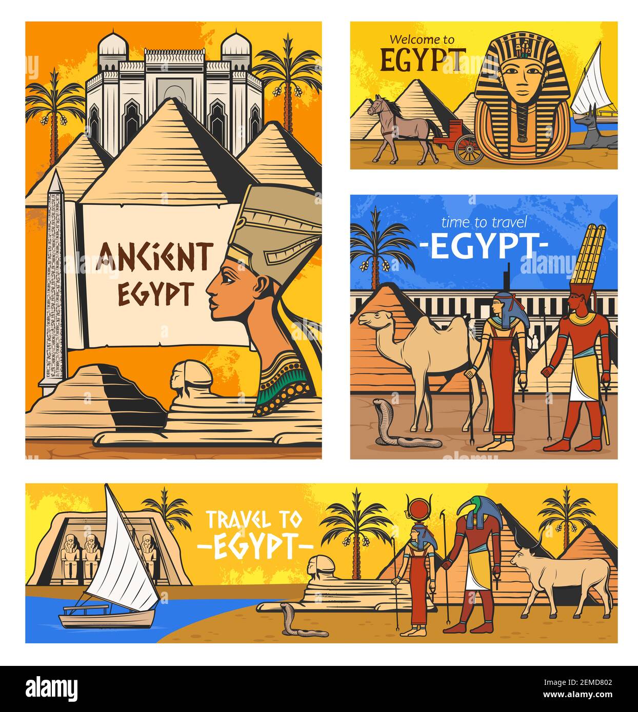 Ägypten Reise-Vektor-Design mit alten ägyptischen pharao Pyramiden und Götter. Geschichte und Kultur Symbole der ägyptischen Mythologie und Religion, Sphinx, ca. Stock Vektor