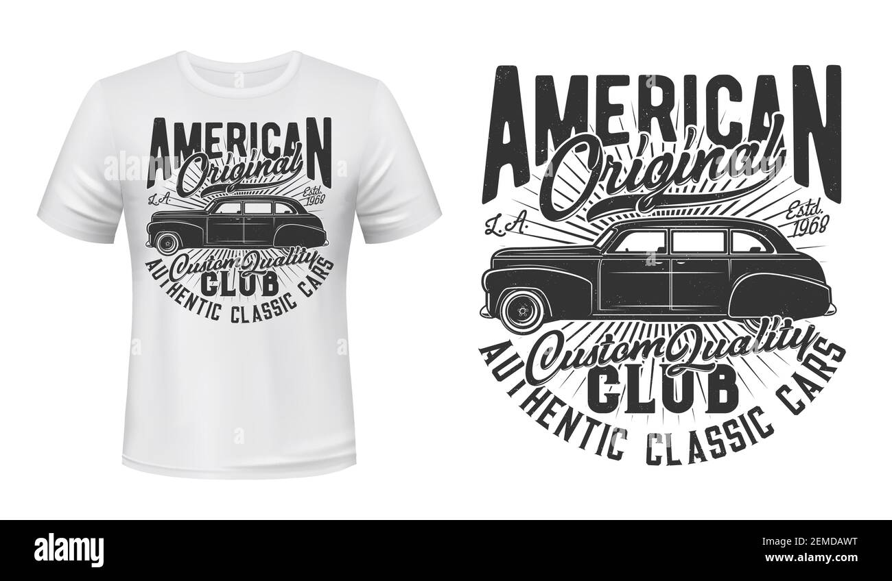 American alt Auto T-Shirt Druck Vektor Mockup. Emblem mit Vintage, schwarzer Limousine, Retro-Limousine und Typografie. American, Oldtimer Besitzer Club, veh Stock Vektor