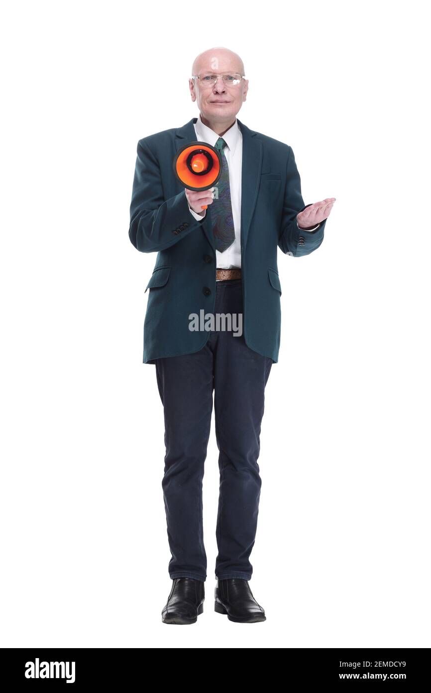 Geschäftsmann mit einem Megaphon, der eine Ankündigung macht. Stockfoto