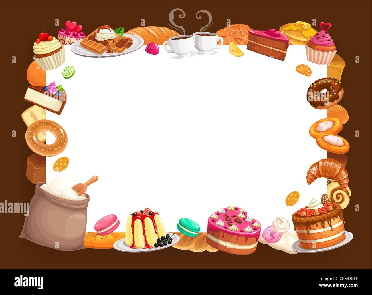 Bäcker Shop Vektor-Rahmen, Backwaren und Desserts, süße Backwaren  Erdbeerkuchen, Kuchen, Waffeln und Cupcakes mit Pudding, Croissant und Mehl  sa Stock-Vektorgrafik - Alamy