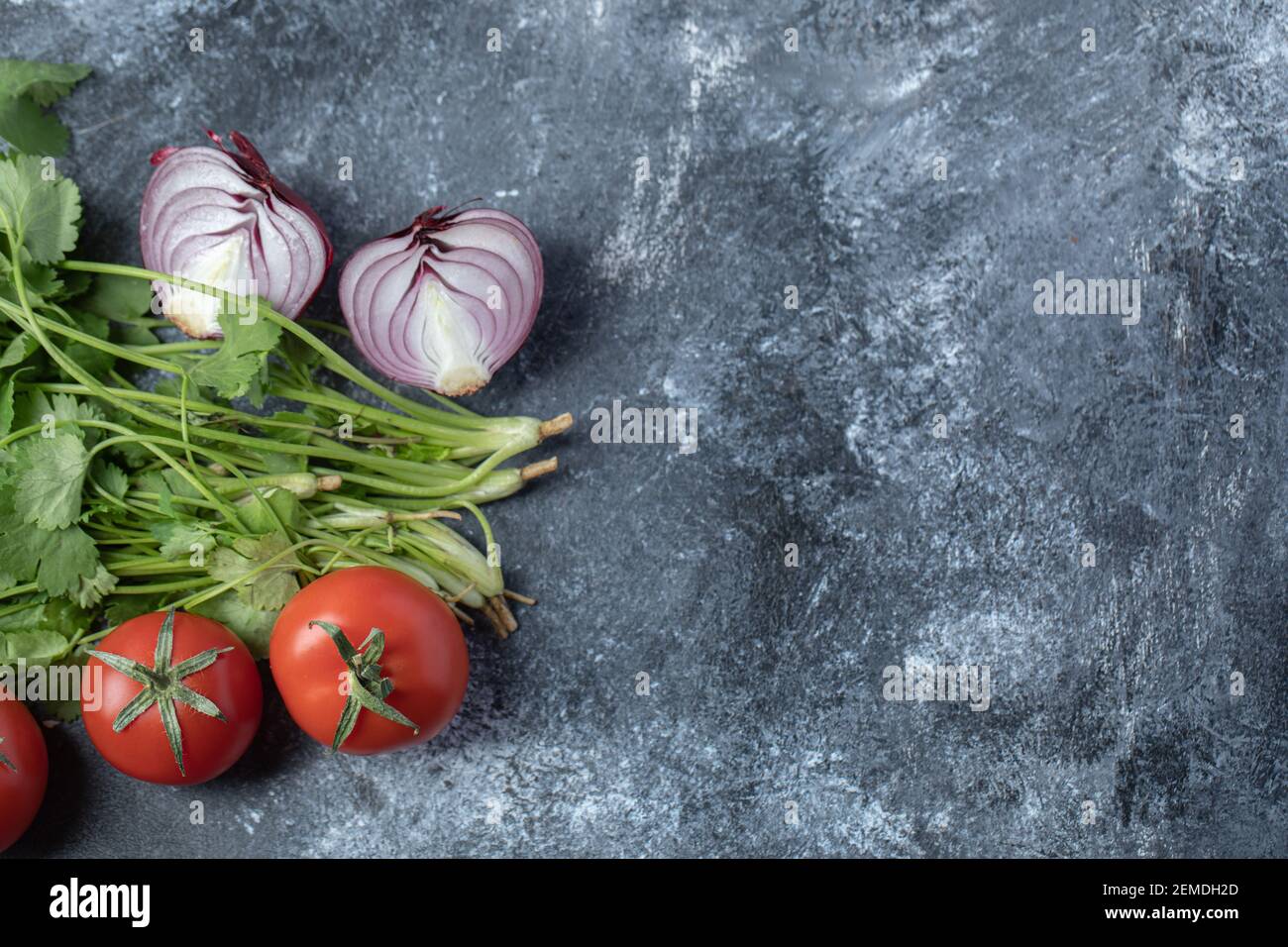 Frische rote Tomaten mit Grünpflanzen auf Marmorboden Stockfoto