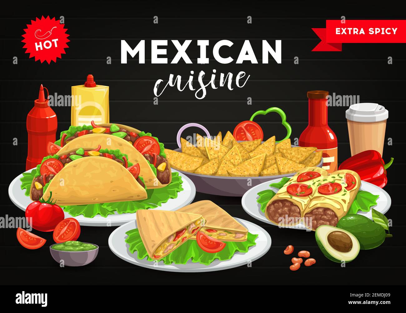 Mexikanische Küche Menü Abdeckung, Mexiko Food Tacos und würzig, Burrito, Vektor-Dinner-Tisch Hintergrund. Mexikanische Küche Kochen und Restaurant Menü Platte mir Stock Vektor