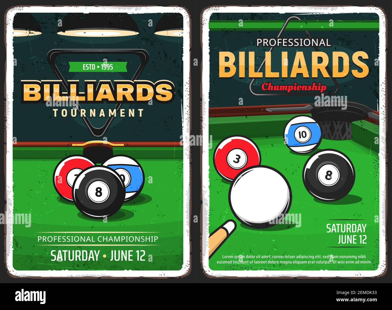 Billard Pool Spiel, Snooker-Meisterschaft und Turnier Vektor Retro Vintage Poster. Billard und Billard am Pool, Sportspiel-Queues, 8 8 b Stock Vektor