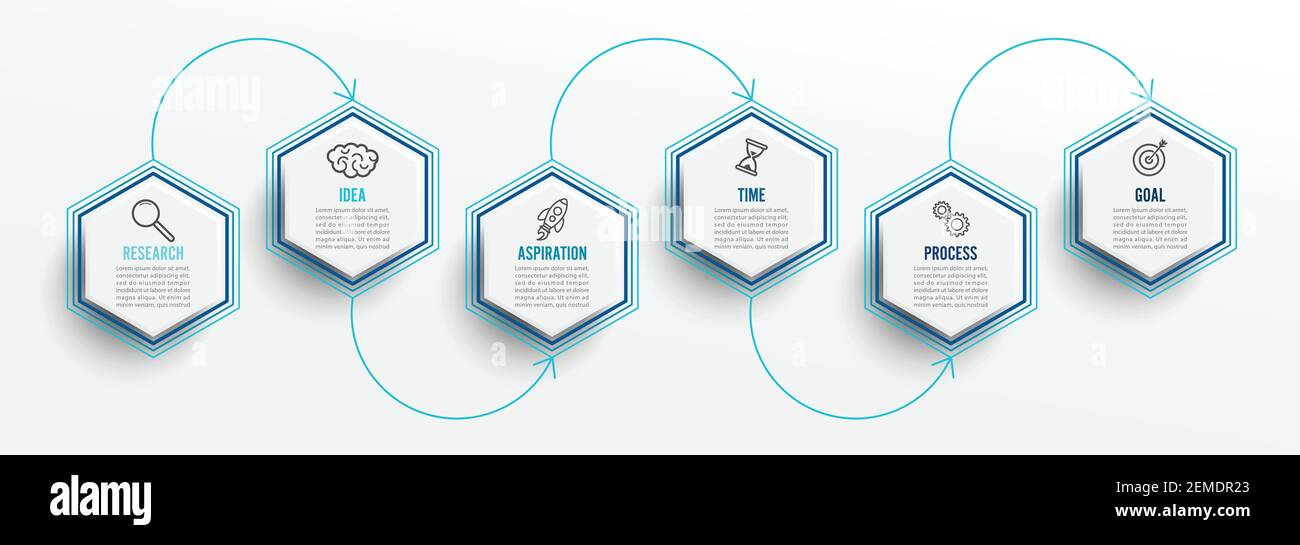 Vektor-Infografik-Vorlage mit Symbolen und 6 Optionen oder Schritten. Infografiken für das Geschäftskonzept. Kann für Präsentationen Banner, Workflow-Layou verwendet werden Stock Vektor