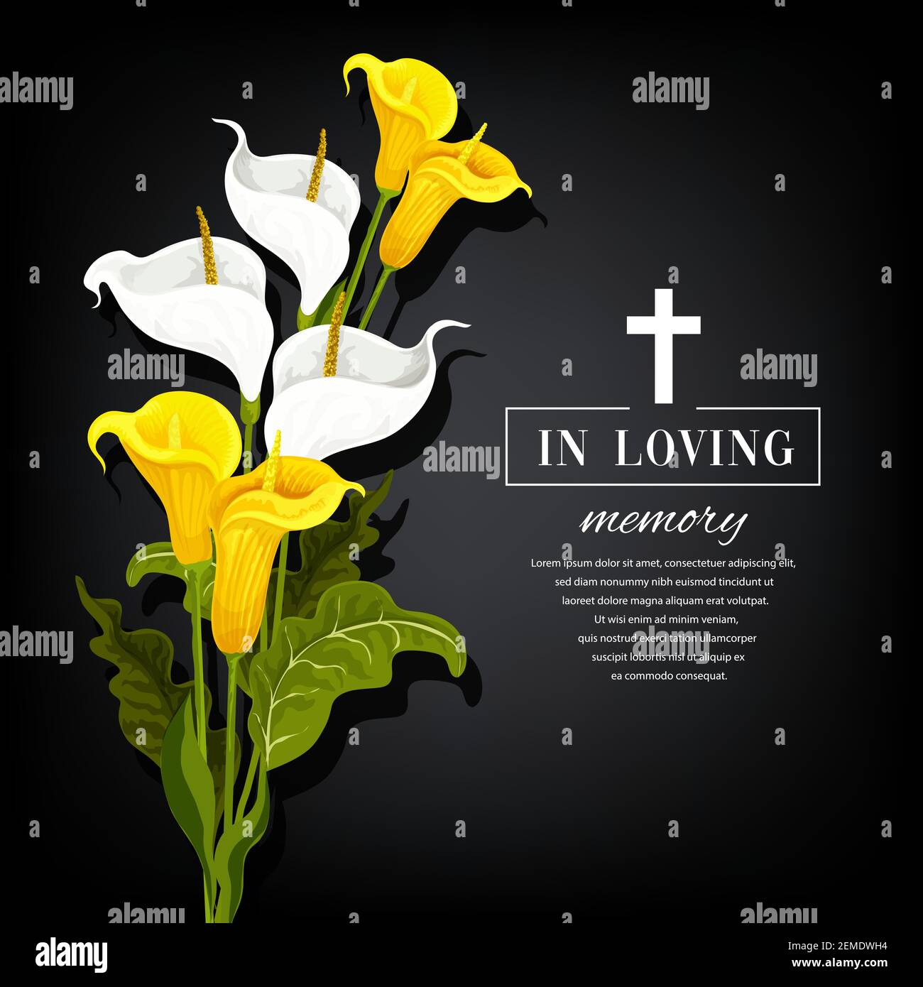 Begräbniskarte mit Calla Blumen. Trauriger Tod, in liebevoller Erinnerung Grabkarte mit Blumenschmuck und christlichem Kreuz. Gelb und weiß Stock-Vektorgrafik