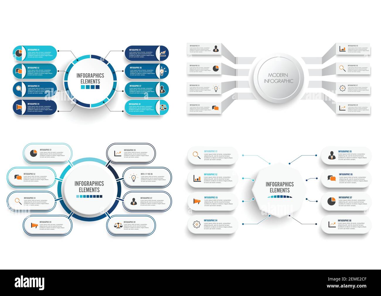Set Vektor-Infografik-Vorlage mit 3D Papieretikett, integrierte Kreise. Business-Konzept-Set mit 8 Optionen. Für Inhalt, Diagramm, Flussdiagramm, Schritte, Stock Vektor