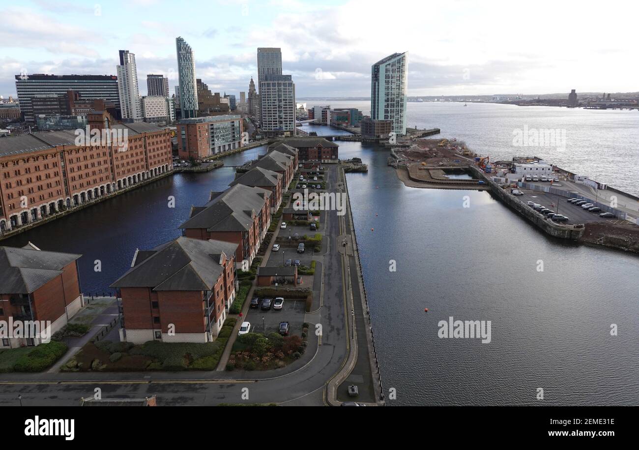 Standort des neuen Fährterminals der Isle of man wird am Princes Half Tide Dock, Liverpool Waters, Merseyside, Großbritannien gebaut Stockfoto
