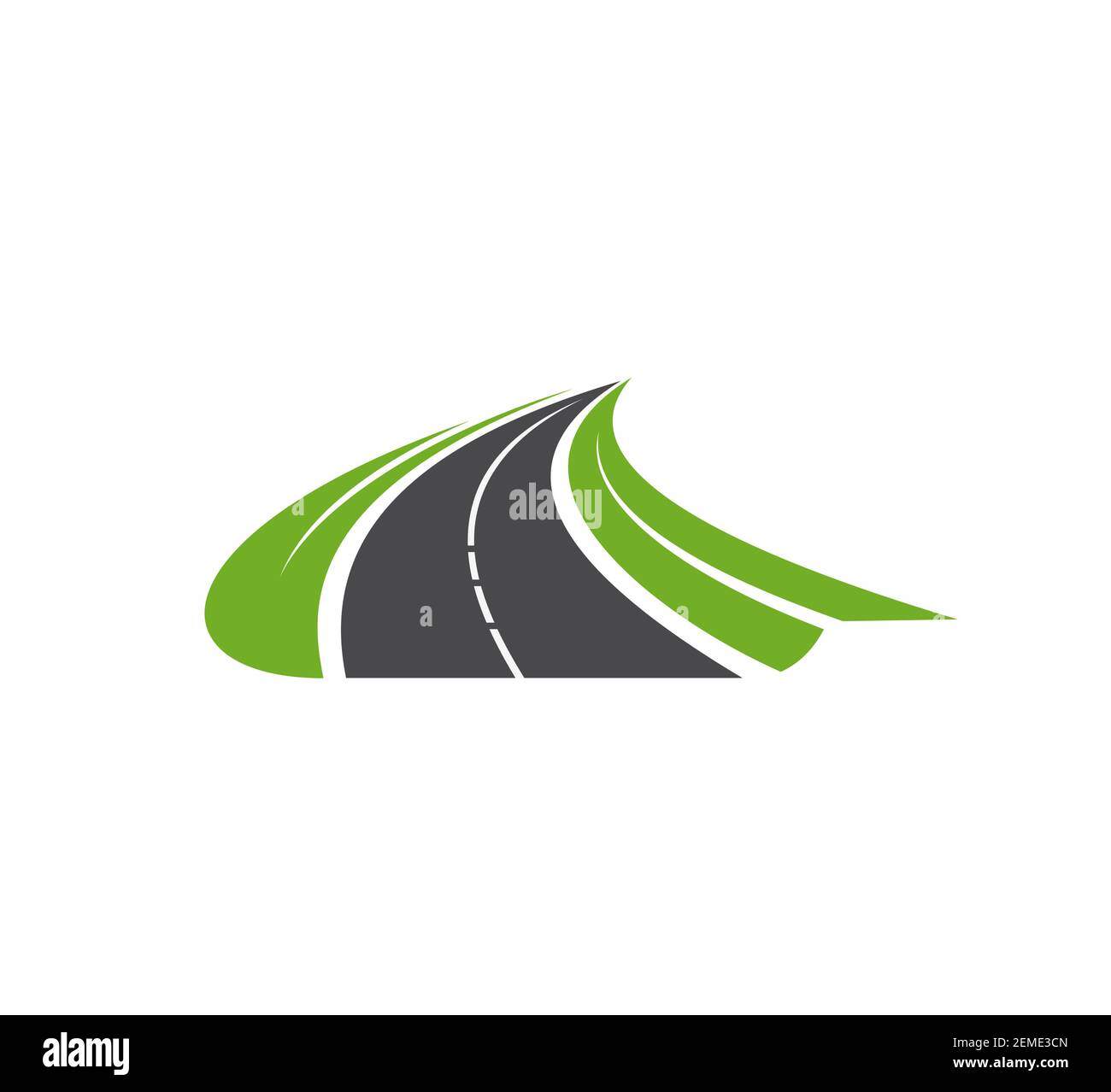 Symbol für Straße, Pfad, Autobahn. Reise- oder Transportservice, Navigationssymbol, Einfahrt-Element. Asphaltierte Straße durch grüne Felder mit Stock Vektor