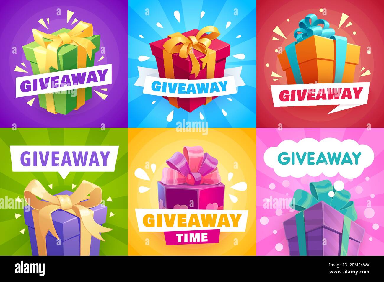 Verschenken Sie Geschenke, verschenken Sie Werbebanner und Gewinner des Gewinnspiels, Vektorplakate. Giveaway gratis Preis und Geschenk-Boxen mit Bändern, Quiz und Social giv Stock Vektor