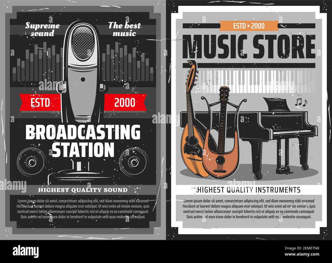 Radio Broadcast Poster, Musikinstrumente Speicher, Vektor Retro Mikrofon  und Klavier. Rundfunk und DJ-Radiosender Live-Musik FM Podcast, Klassik  Stock-Vektorgrafik - Alamy