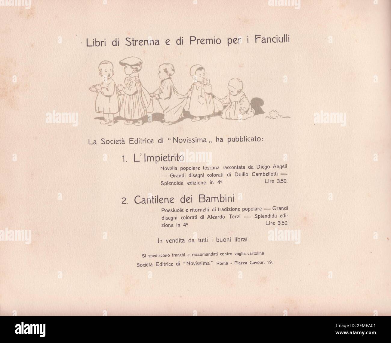 Diretta da Edoardo De Fonseca, la rivista, nata a Milano nel 1901, POI trasferita a Roma dal 1903, viene pubblicata per dieci anni, fino al 1910, cui sono da aggiungere anche dodici fascicoli apparsi a Roma nel 1913. ERA la più raffinata pubblicazione italiana dedicata all'arte della decorazione del libro, a cui collaborarono i maggiori artisti dell'epoca, stampata, in un originale formato oblungo, in duemila copie, la maggior parte destinate al mercato estero. De Karolis, Dudovich, Sartorio, Balla, Cambellotti, Baruffi, Bompard, Majani und Terzi. Stockfoto