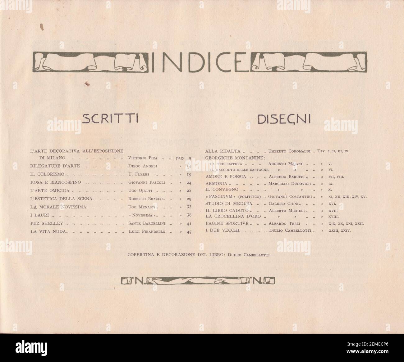 Diretta da Edoardo De Fonseca, la rivista, nata a Milano nel 1901, POI trasferita a Roma dal 1903, viene pubblicata per dieci anni, fino al 1910, cui sono da aggiungere anche dodici fascicoli apparsi a Roma nel 1913. ERA la più raffinata pubblicazione italiana dedicata all'arte della decorazione del libro, a cui collaborarono i maggiori artisti dell'epoca, stampata, in un originale formato oblungo, in duemila copie, la maggior parte destinate al mercato estero. De Karolis, Dudovich, Sartorio, Balla, Cambellotti, Baruffi, Bompard, Majani und Terzi. Stockfoto