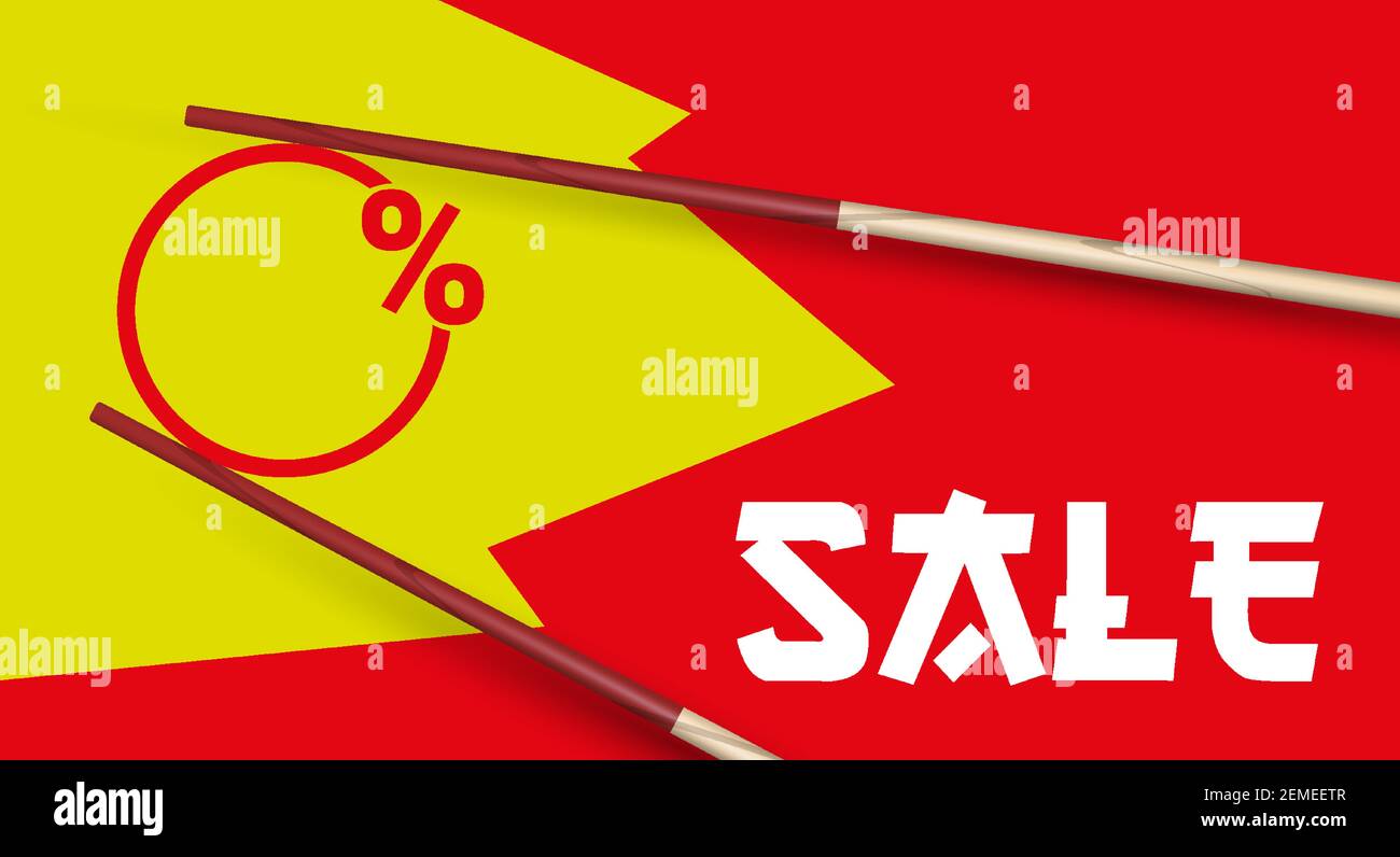 Hölzerne Essstäbchen hält runde Verkaufsbox. SALE Word ist in einer Schrift als japanische Zeichen stilisiert geschrieben. 3D Vektorgrafik auf rot und gelb b Stock Vektor